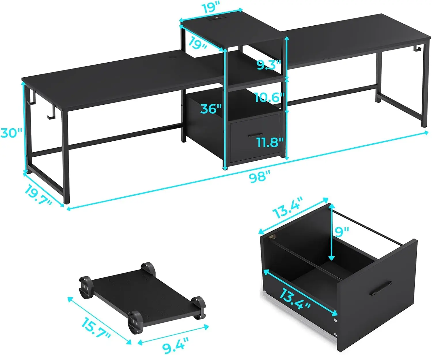 Escritorio de oficina para 2 personas, escritorio para computadora con cajón para archivos Letter/A4, regleta con USB, escritorio largo para oficina en casa con almacenamiento