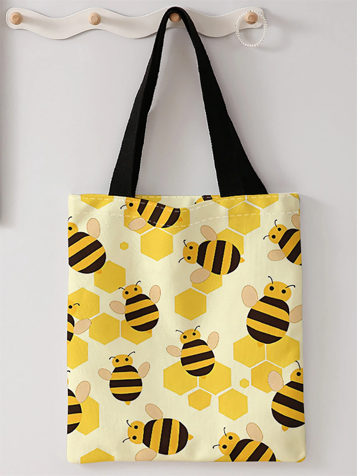 Bee pattern printed casual handbag, reusable fashionable backpack, multifunctional handbag, canvas shopping bag