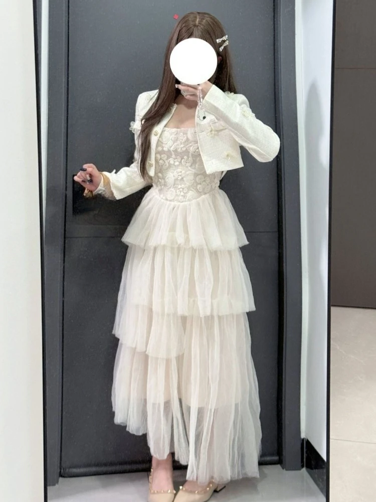 

Японский милый элегантный винтажный комплект из 2 предметов для женщин, тонкий дизайн, короткое пальто + сказочное сетчатое платье, французская повседневная вечеринка, шикарная одежда, новинка