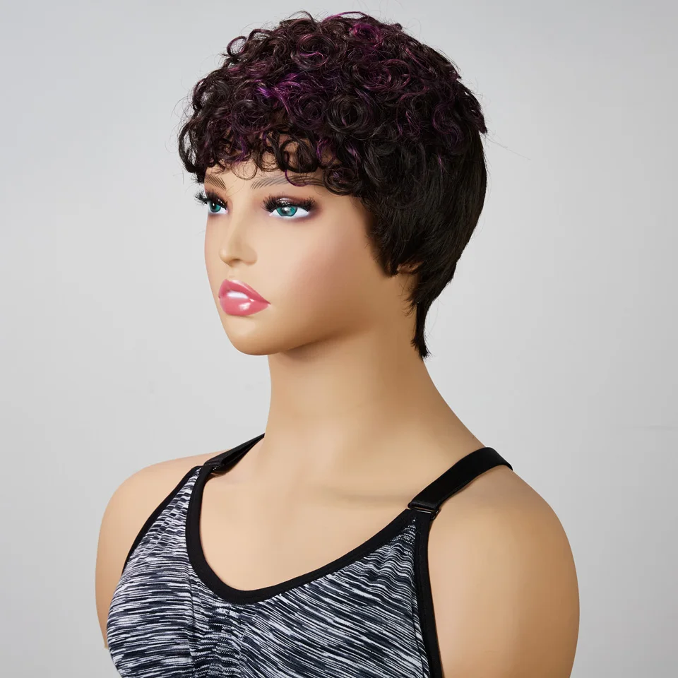 Peruca curta onda profunda com Franja para mulheres, cabelo humano encaracolado, rosa, afro