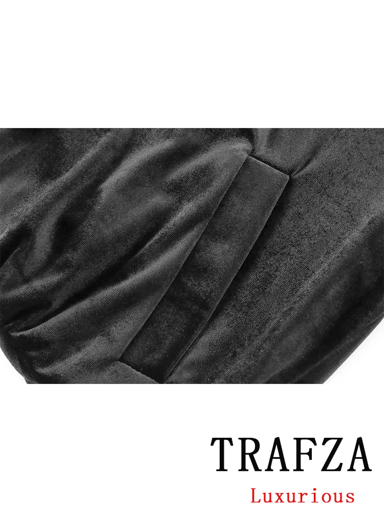 TRAFZA Vintage Casual Chic Women Velvet Suit Solid Black V-Neck Single Breasted Coat Long Lace-up Pants Fashion 2024 Autumn Sets