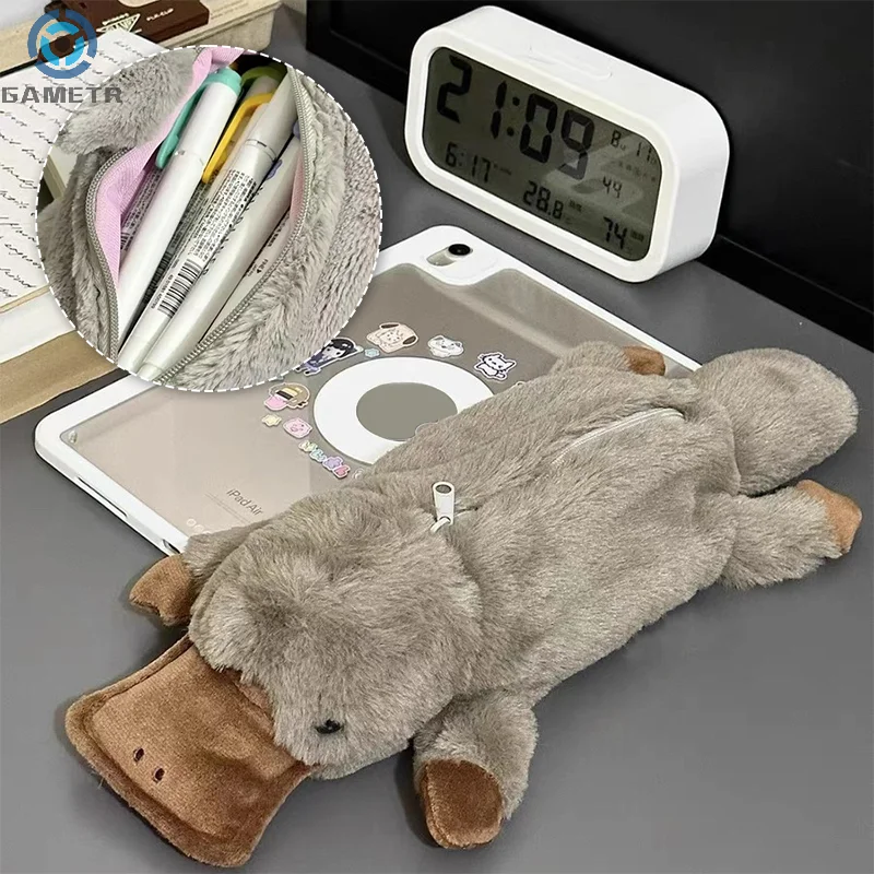 Cute Platypus Pencil Case Cosmetic Bag Plush Pen Pouch Large Capacity Storage Bag School Supplies Stationery Box