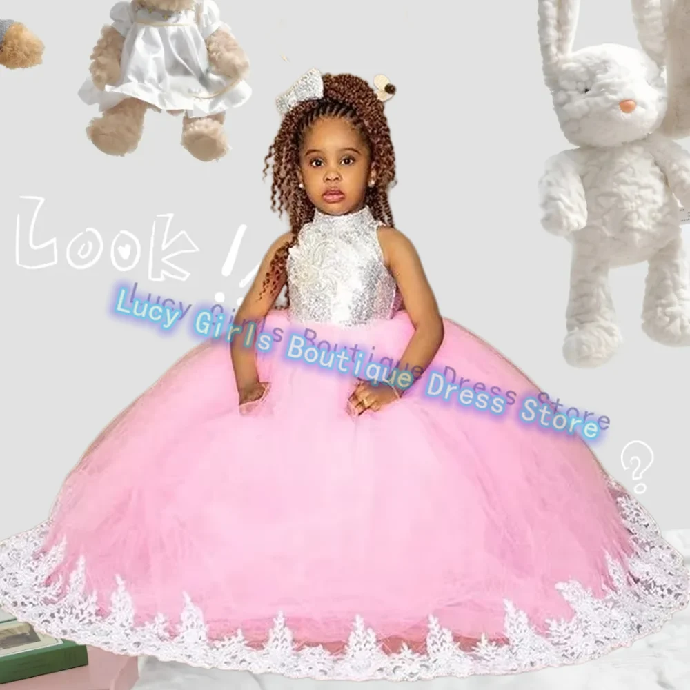 

Lovely Pink Flower Girl Dress Tulle Fluffy Exquisite White Applique For Little Girls Wedding Birthday Party Ball Evening Gowns