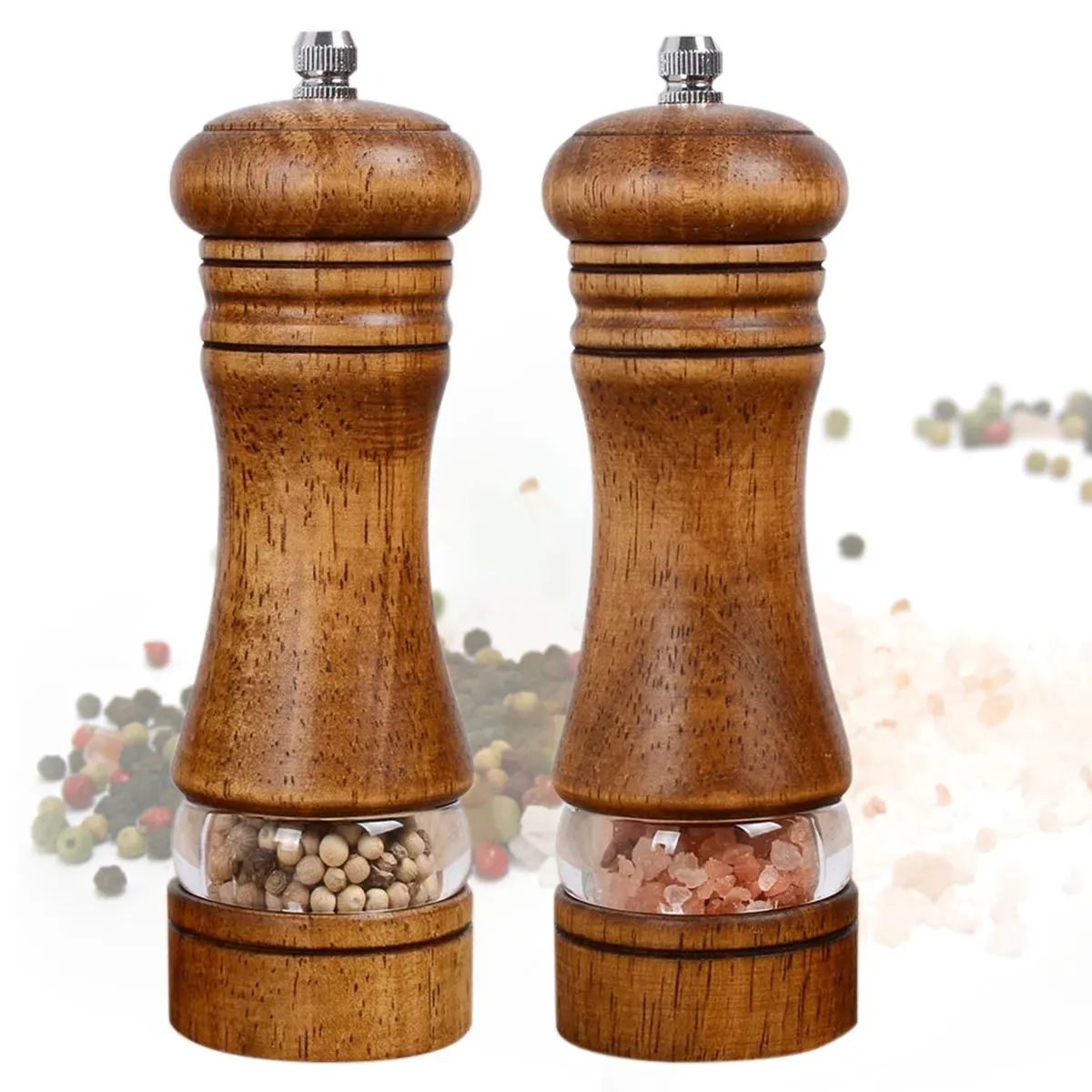 2Pcs Pepper Grinder Wooden with Ceramic Grinding Cores Coarseness Adjustable Manual Spice Grinder Multifunctional for Kitchen