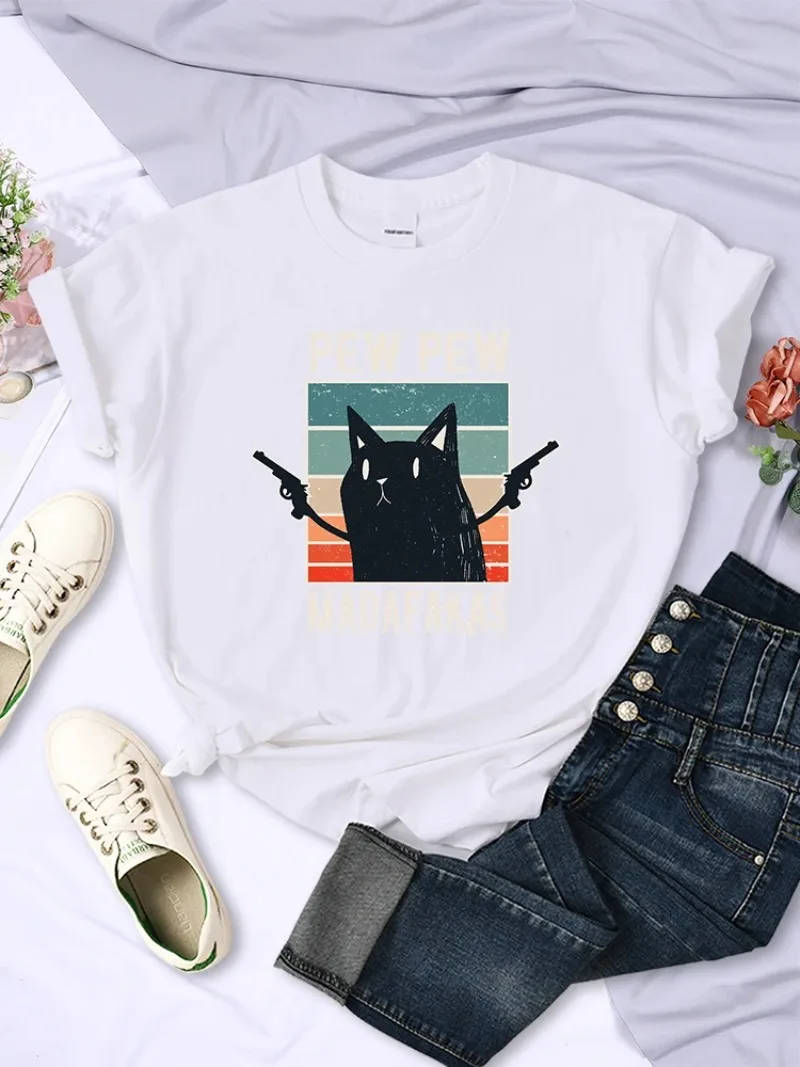 Women T Shirts Hip Hop Vintage Tee Clothes Creativity Casual Tops Crewneck Womans Short Sleeve Pew Pew Madafaks Cute Funny Print