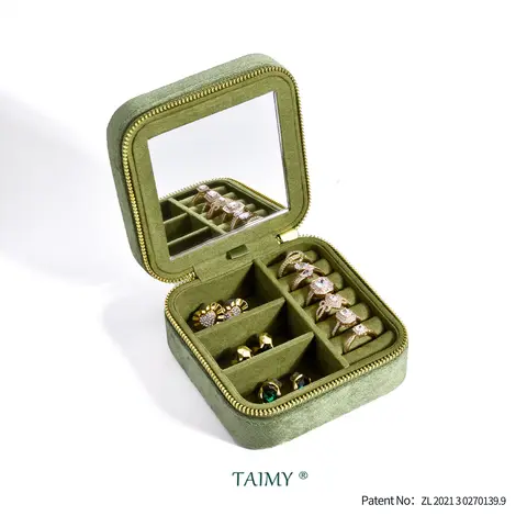 TAIMY 빈티지 벨벳 여행 보석 보관 반지 상자 플립 미러 주최자 지원 로고 사용자 정의 레트로 녹색 보석 상자