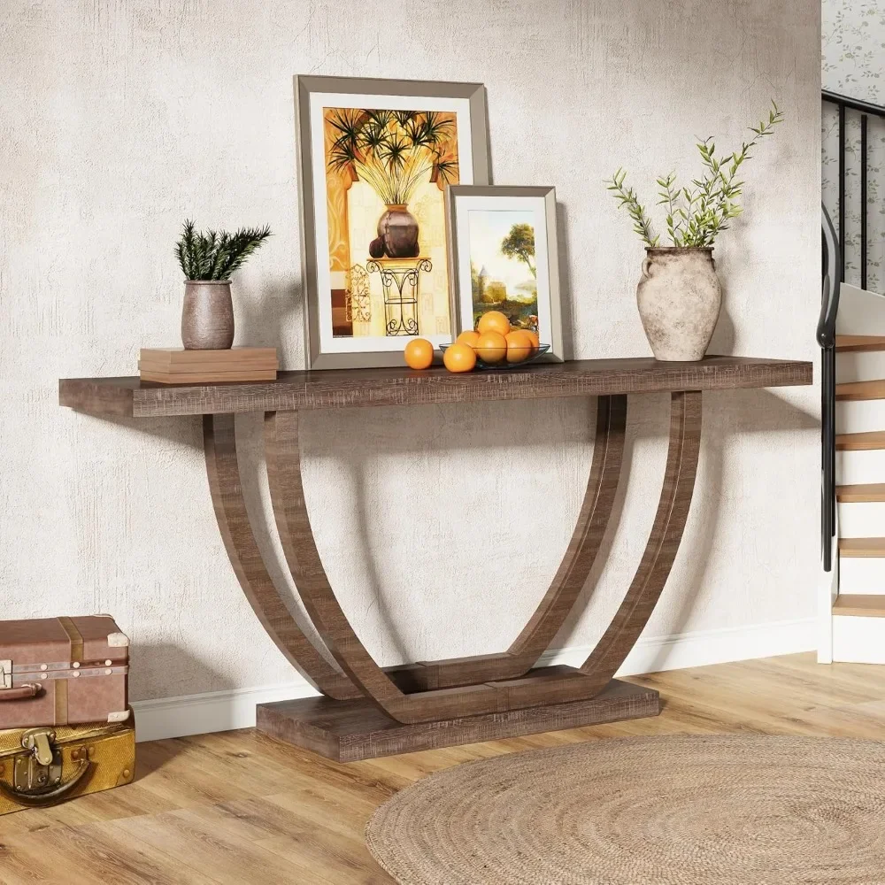 Mesa consola de granja: mesa consola de madera resistente de 63 pulgadas para entrada, mesa de sofá de vestíbulo larga y estrecha con patas geométricas