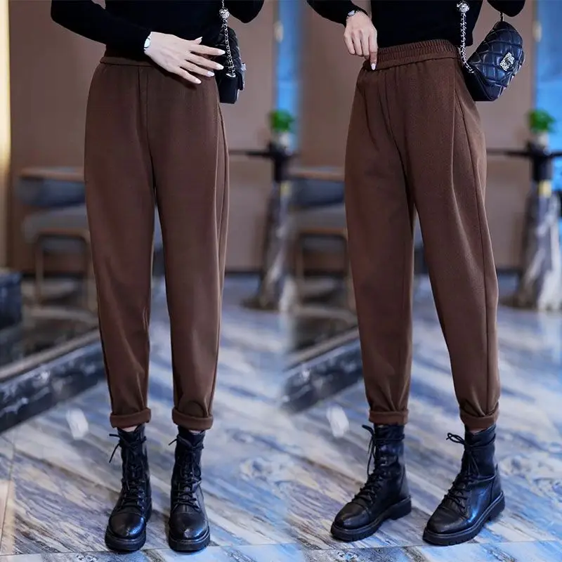 Autumn and Winter Solid High Waist Elastic Skinny Thickening Shirring Harem Fashion Casual Office Lady All Match Trousers