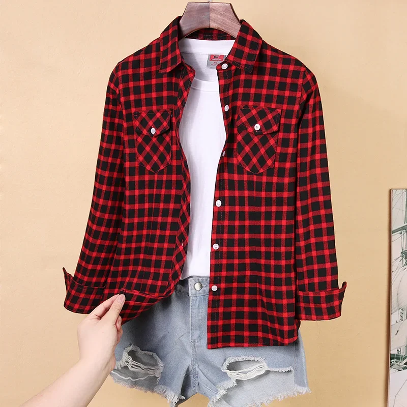 New Women\'s Plaid Shirts M-5XL Female Cotton Blouse Long Sleeve Checkered Shirt Slim Turn-down Collar  Blouses  Women Shirts