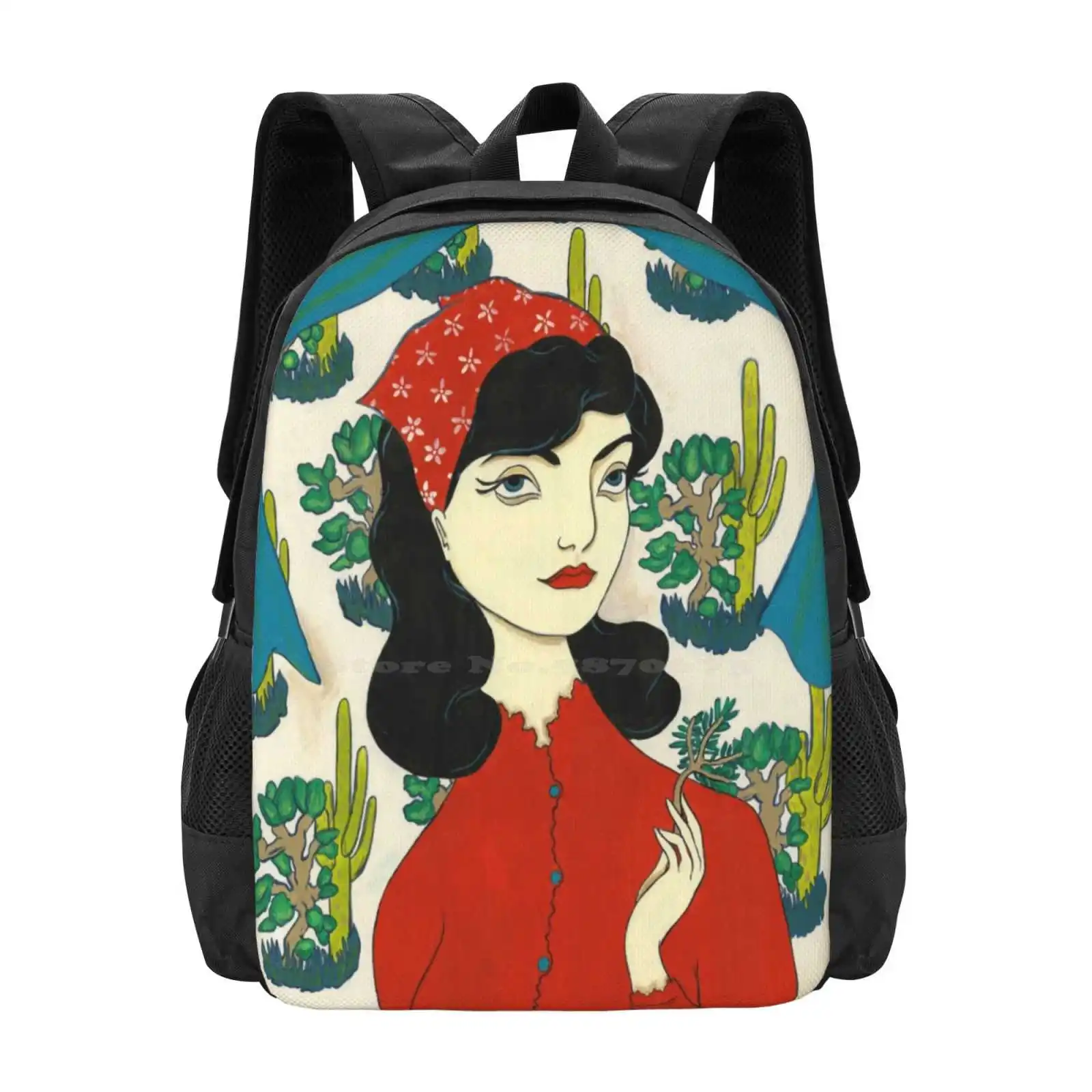 

Girl With Cacti 3d Print Design Backpack Student Bag Cactus Cacti Desert Bright Nature Turquoise Green Woman Lime Chartreuse