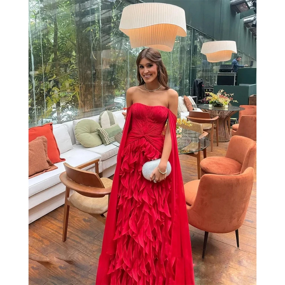 

Red Evening Dresses for Woman Customized Strapless Pleat Chiffon A Line Floor Length Prom Gowns Formal Party Dress 2026