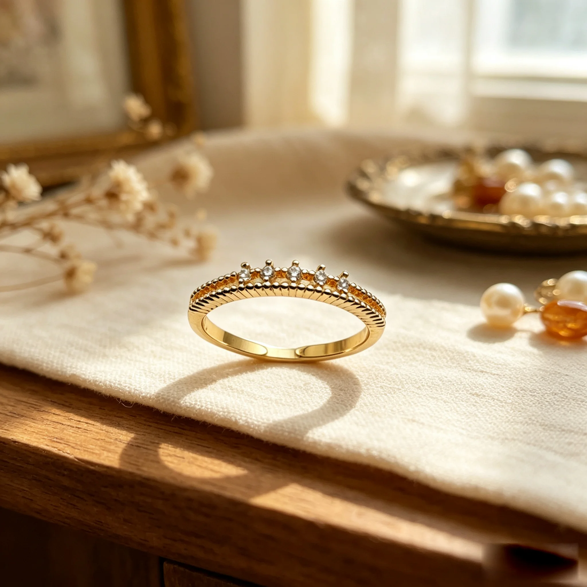 Gold Tiny 5 Stones Rotatable Ring Women Ridged Beaded Band Mini Clear Zircon Adjustable Open Stackable Anti Anxiety Jewelry Gift