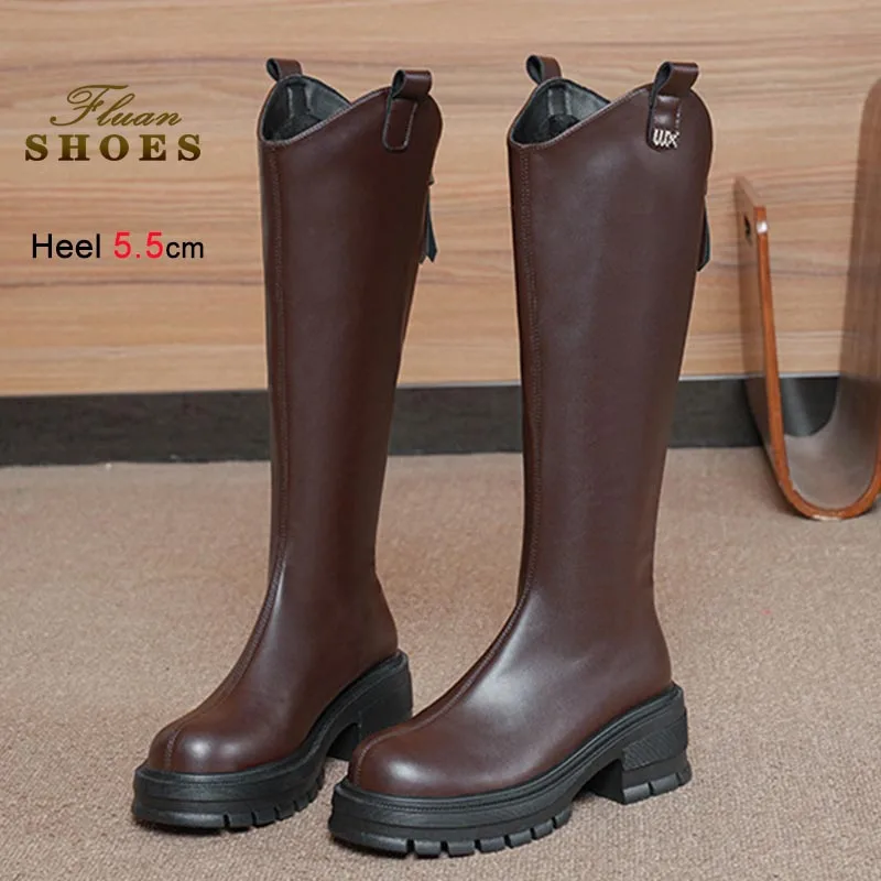 2025 New Knight Boots Woman Classic Tall Boots Thick Soled Casual Versatile Knee Length Boots Brown Coarse Heel Ladies Long Boot