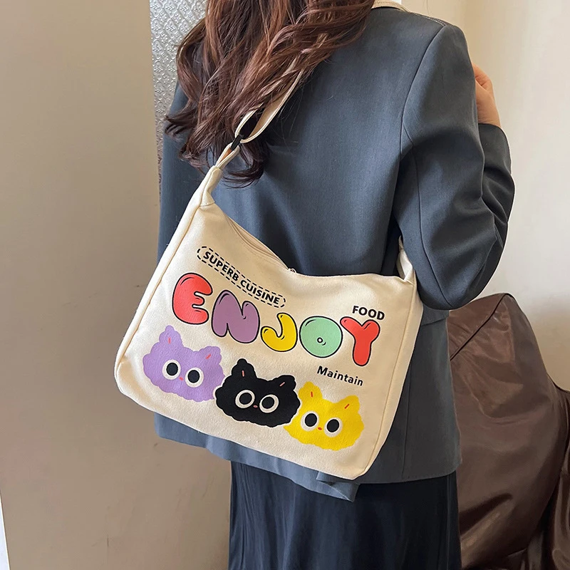 Cartoon Printing Shoulder Bag Students Large Capacity Bags Simple Fashion Canvas Messenger Bag