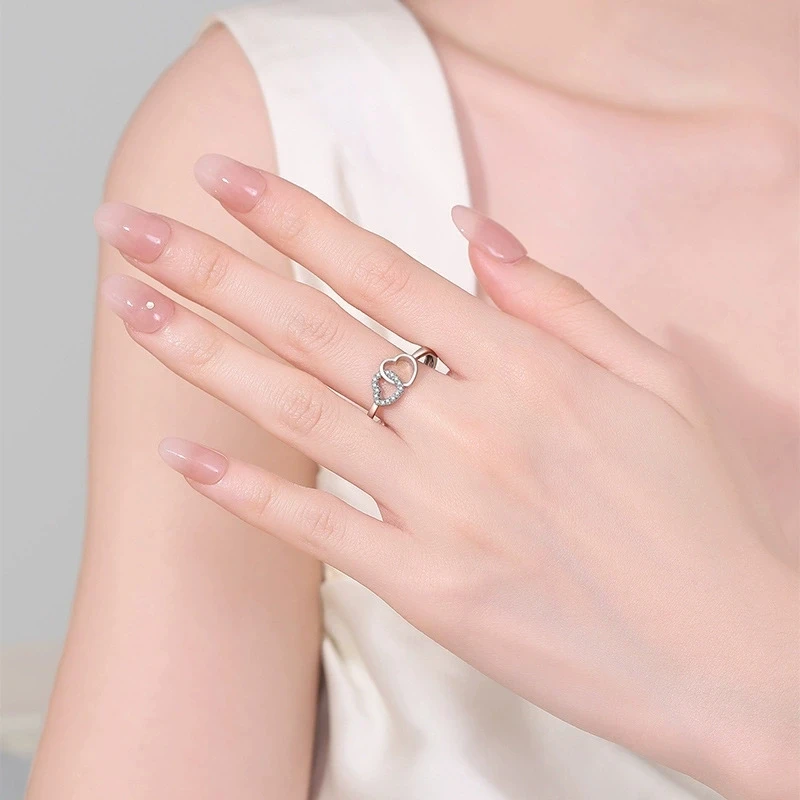Light Luxury Double Heart Ring Minimalist Sweet Heart Open Adjustable Ring for Women Stackable Jewelry Gift