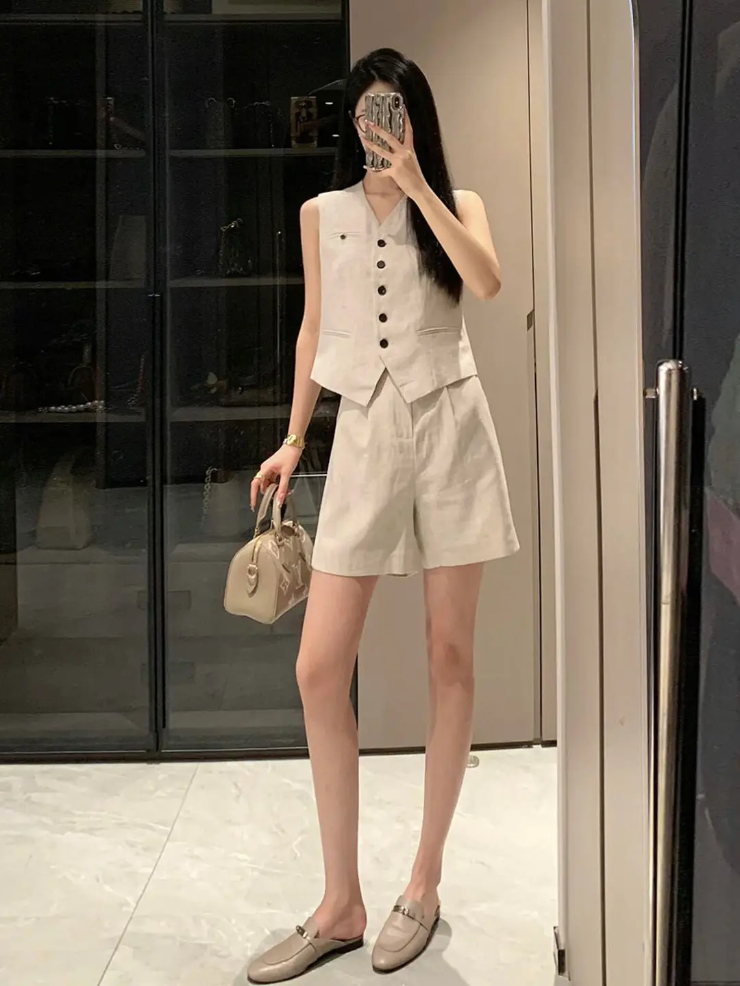 

Chic Summer Outfit Set Vintage Style Light Brown Suit Vest Shorts Two-Piece Set for Women Commute Style Casual Wear