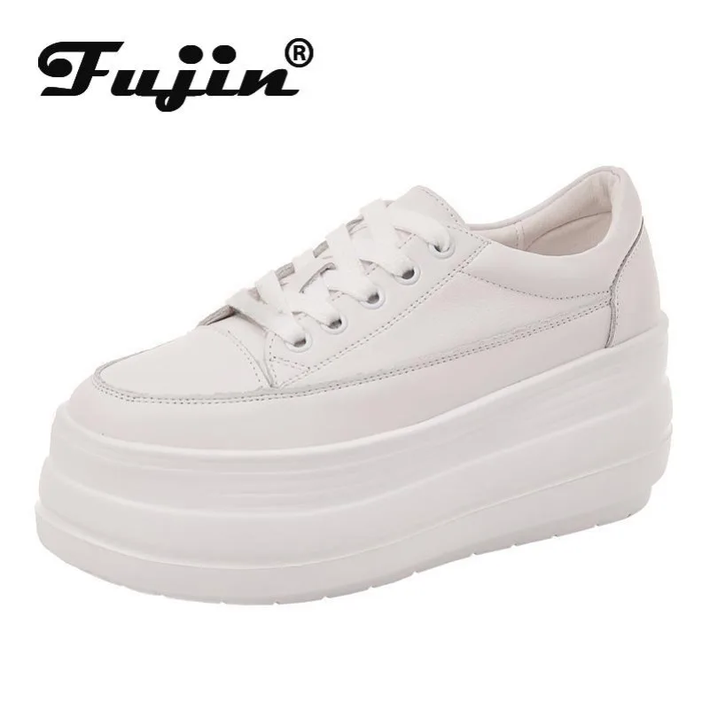 

Fujin 7.5cm Super Thick Sole Platform Chunky Shoes Ins Za Sneakers Genuine Leather Waterproof Vulcanized Wedge Casual Shoes