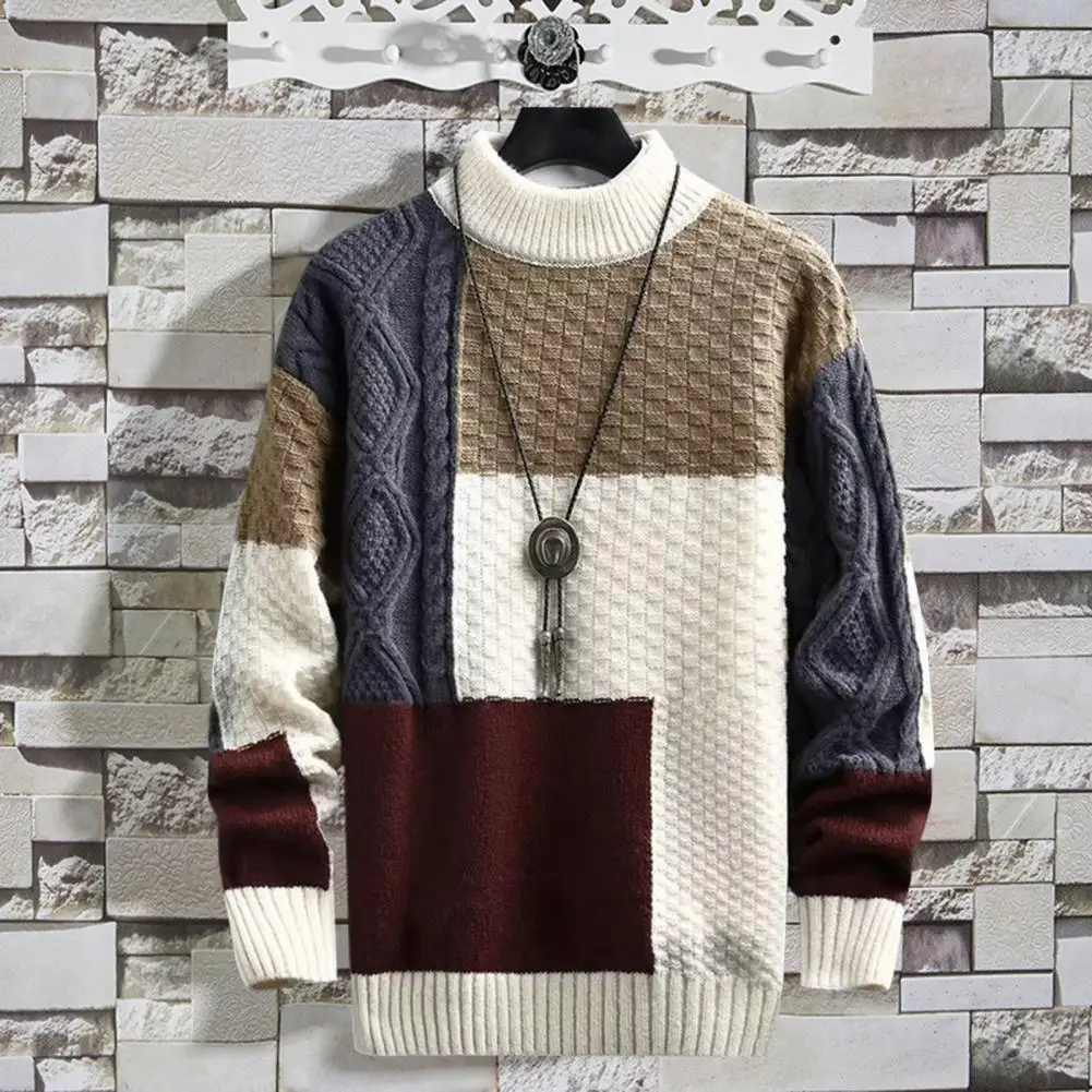 

Men Sweater Color Matching Wild Long Sleeves Preppy Style Keep Warm Polyester Anti-shrink Autumn Casual Knitwear for Men