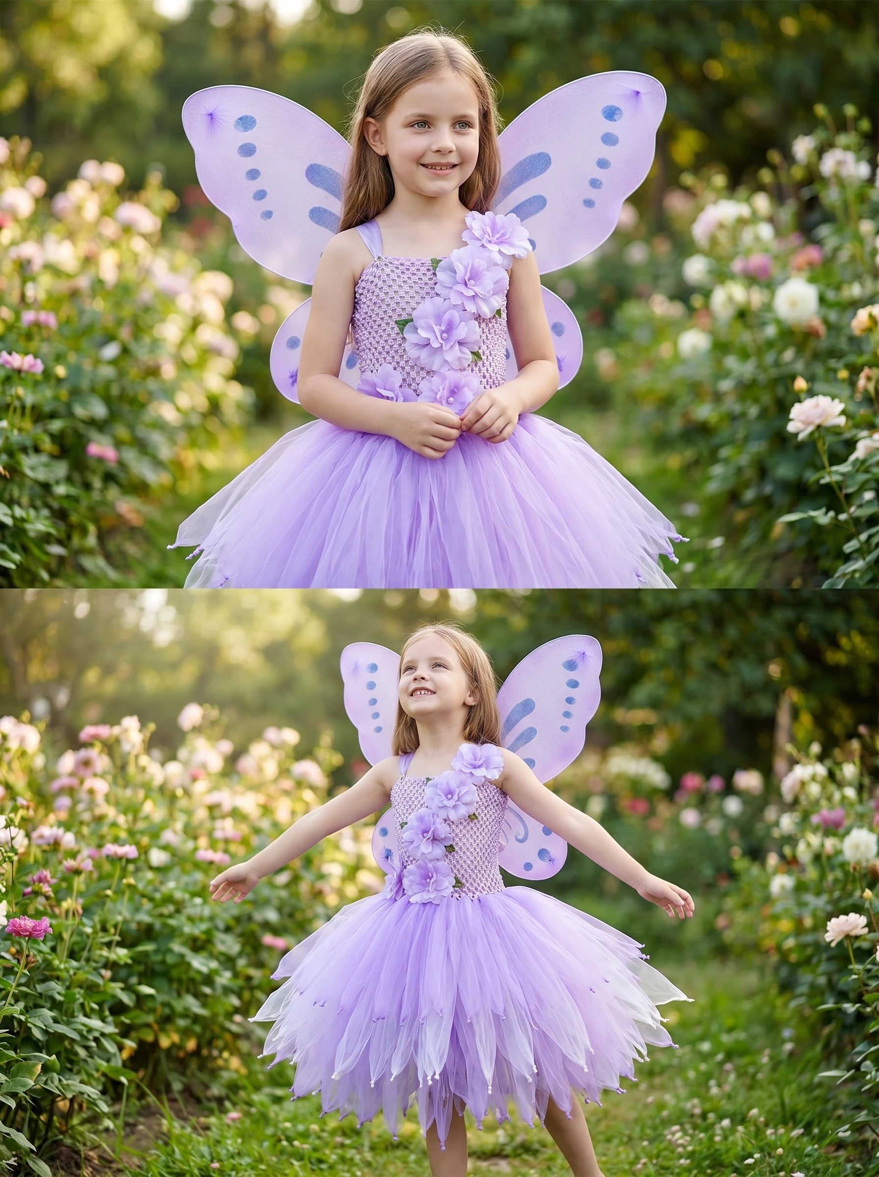Girls Purple Butterfly Fairy Dress Baby Glitter Tulle Tutus Flower Dress with Wing and Hairbow Kids Party Costume Sequin Dresse