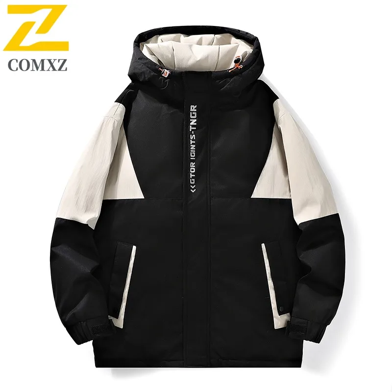 COMXZ 2025 Mens Puffer Jacket Fleece Thermal waterproof and windproof solid color leisure outdoor sports lightweight windbreaker