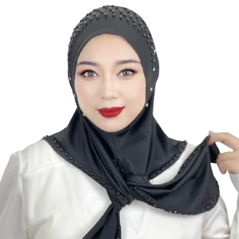 

Shawl Wrap Neck Beaded Muslim Hijab Solid Color Elastic Turkish Head Wrap Scarf Veil Soft Women's Pray Hat Woman