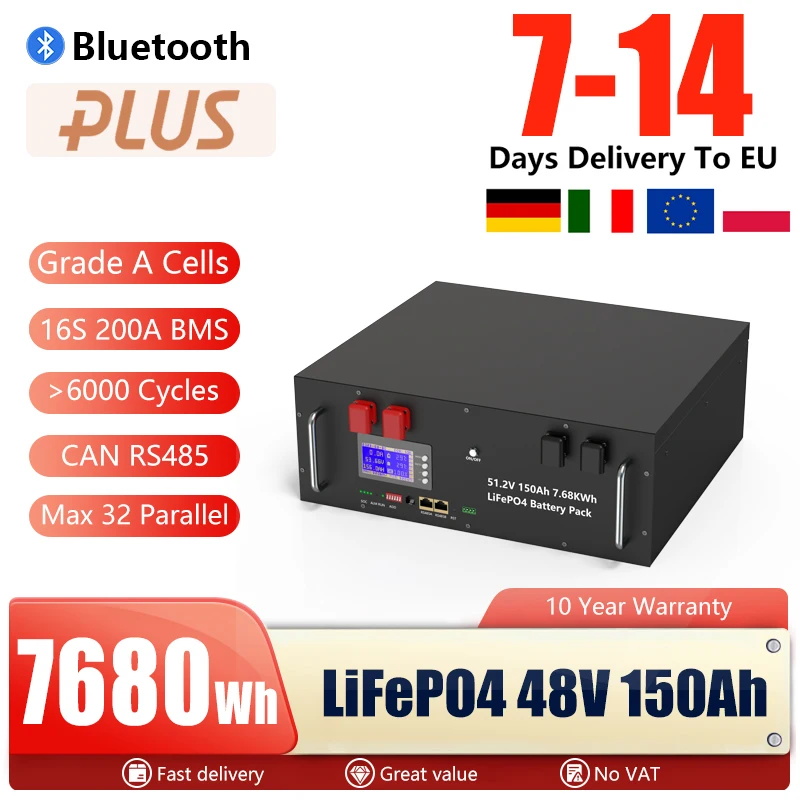 Batería LiFePO4 de 48V 150Ah 7KW con Bluetooth, BMS 16S 200A, 51.2V 100Ah, 6000+ ciclos, Celdas Nuevas Grado A… — oferta en AliExpress