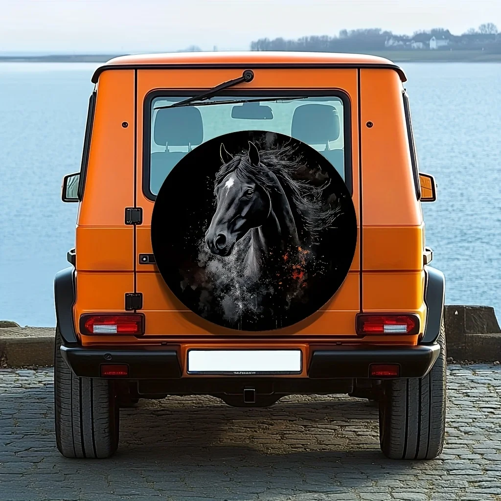 1 قطعة تصميم الحصان الأسود غطاء إطار بوليستر للمركبات على الطرق الوعرة والشاحنات وسيارات الدفع الرباعي دائم حماية جميع التضاريس التخييم الملحقات