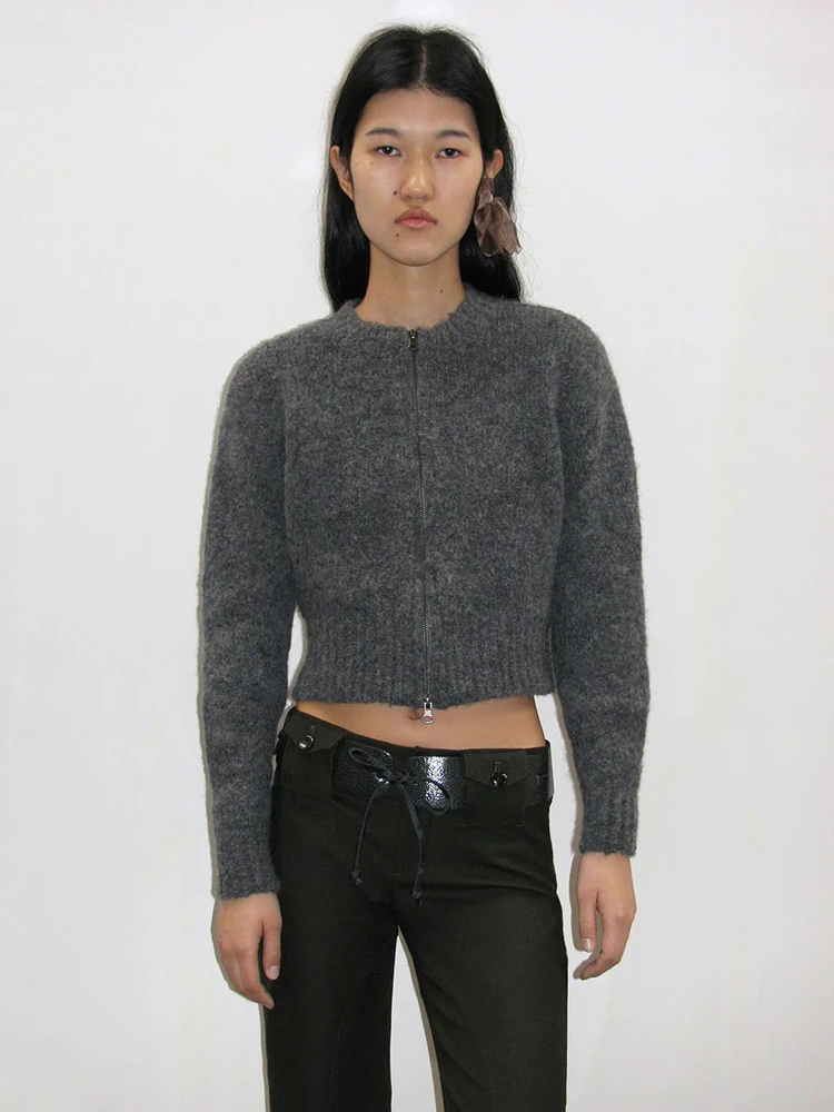 

Palomwool Women's Knitted Woolen Sweater with Zipper And Embroidered Letters Soft Regular Fit Long Sve ort Length