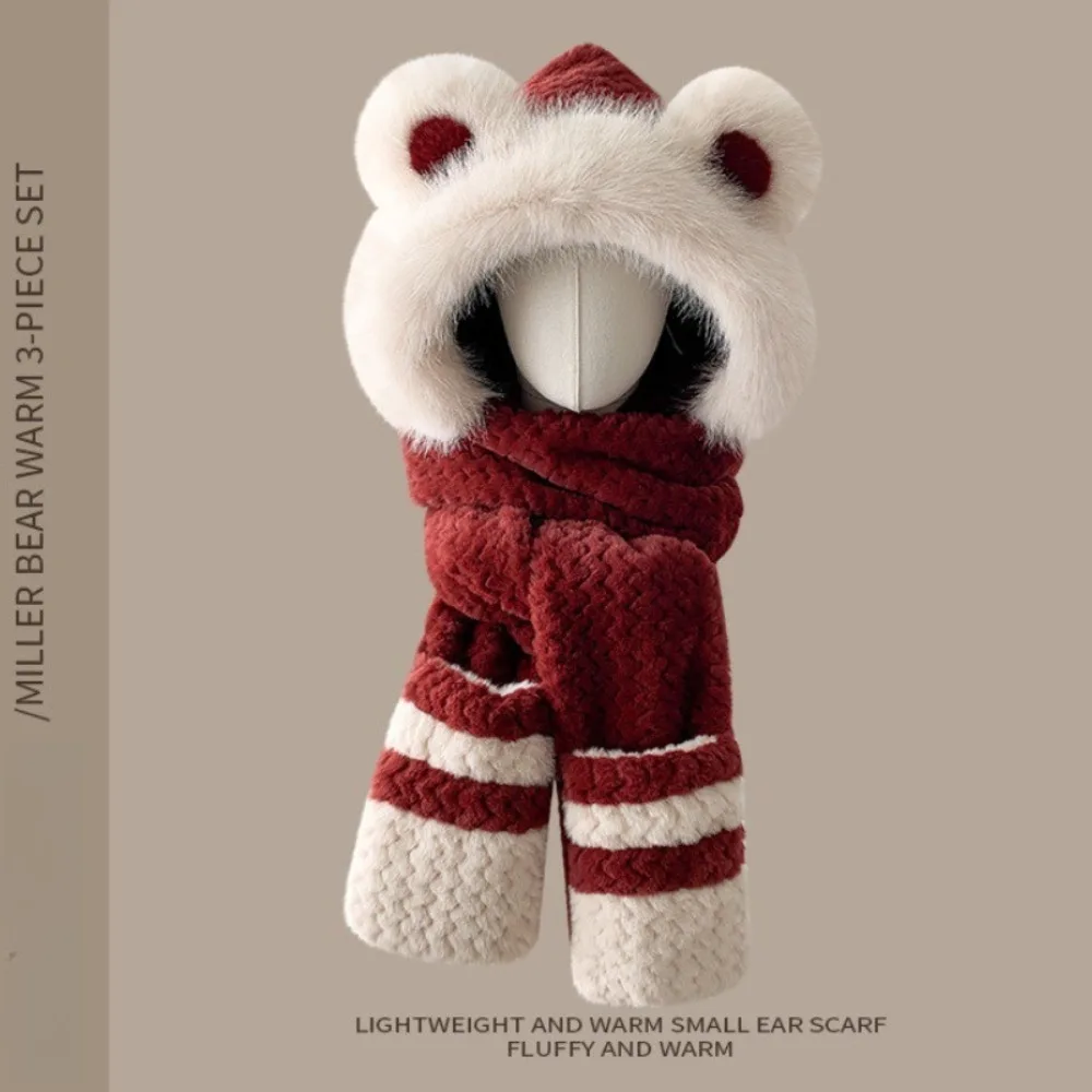 Plush Winter Bear Hat Scarf and Gloves All-in-one Hooded Women's Cute Warm Plush Three-piece Set