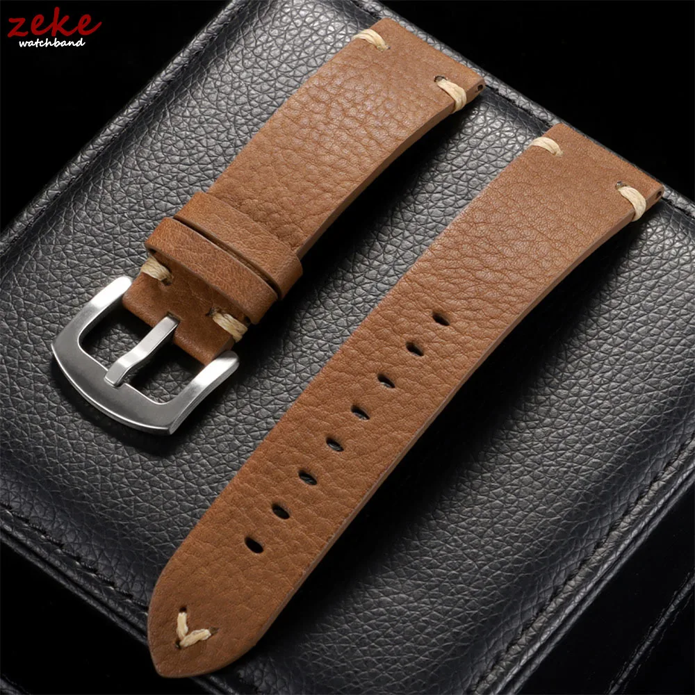 Handmade Genuine Leather Watch Band Retro Brown Black 18/20/22mm Straps Soft Men's Cowhide Bracelet Accessories with Pin Buckle