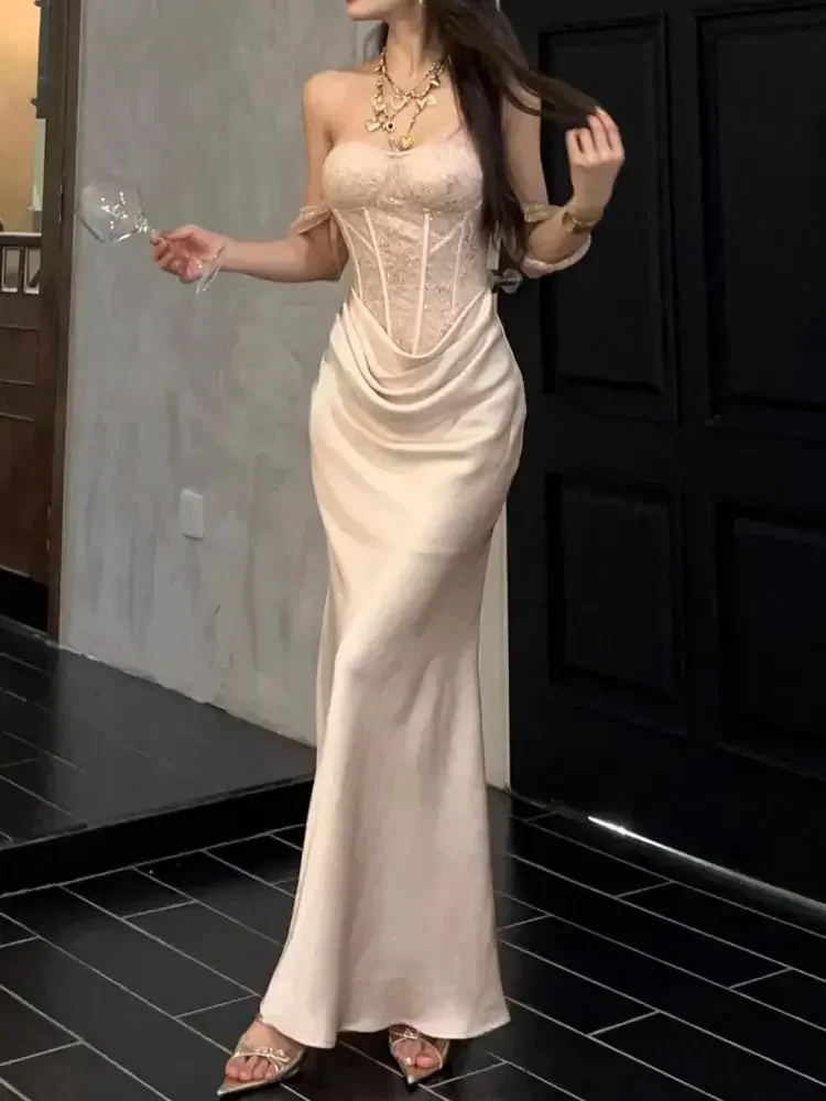 Satin Patchwork Elegant Trumpet Dress Women Off The Shoulder Vintage Clothing Lady Birthday Party Chic Vestidos Bodycon