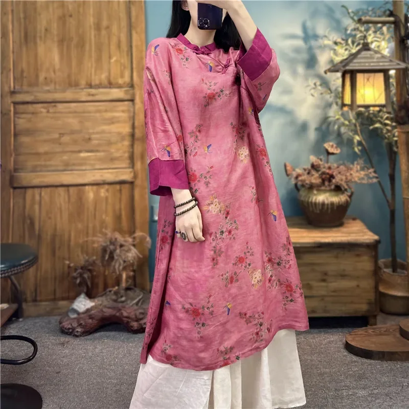 Retro Ethnic Long Blouse Woman Ramie Flower Print Shirt for Women Slanted Collar Cuffs Color Blocke Robe Spring Autumn