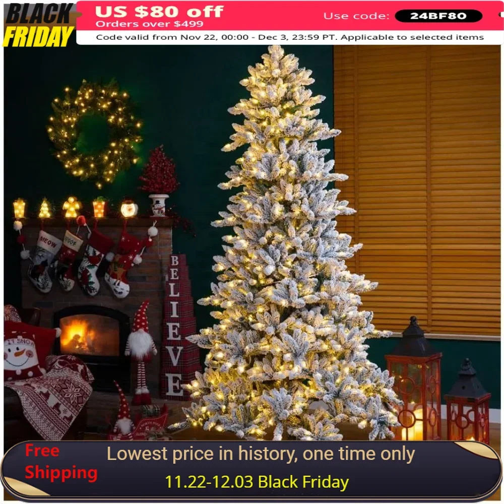 9ft Pre-lit Christmas Tree,Snow Flocked Fir with 650 Warm White Lights, W/Easy Assembly Metal Stand,Artificial Christmas Tree