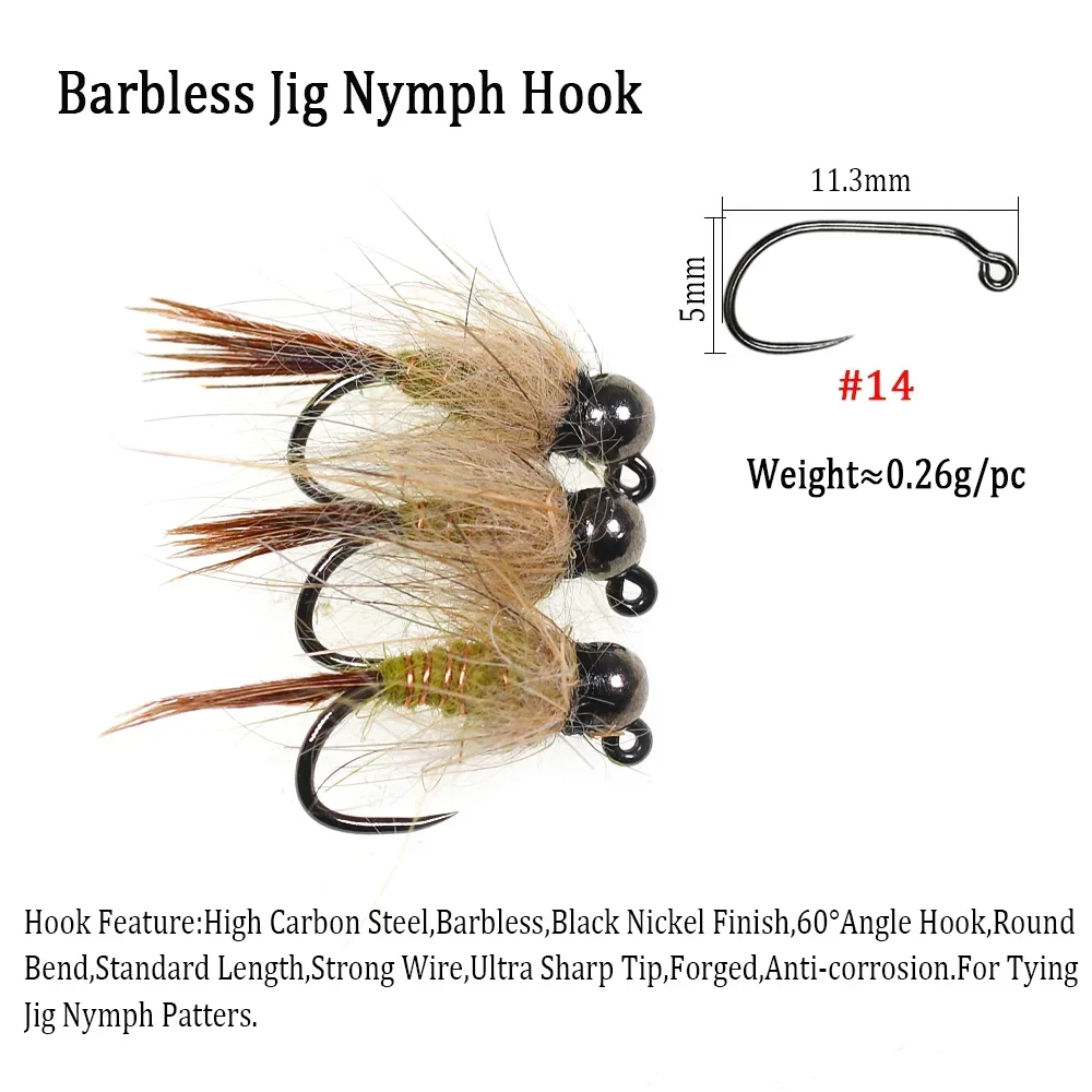 Wifreo 4pcs Tungsten Beadhead Hare\'s Ear Jig Nymph Fly Fast Sinking Wet Euro Nymph Fly Trout Fishing Lures Baits Jig Hook #14