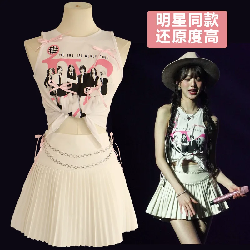 

Zhang Yuanying Twisted Hips The Same Cos Stage Performance Clothes Printed Short-sleeved T-shirt Pleated Short Skirt Zhang Yuany