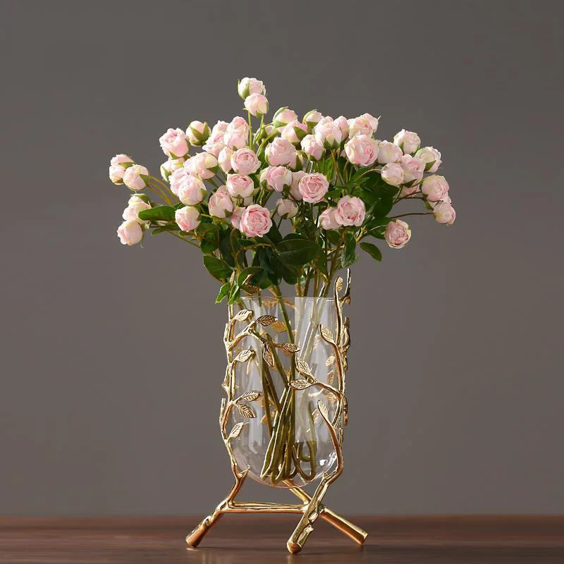 Glass Metal Vase Hollow Gold Metal Frame Branches Rattan Transparent Flower Vase Flower Arrangement Hydroponics Home Decoration