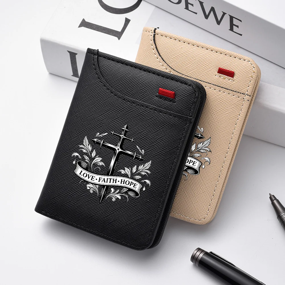 Men's Ultra Slim PU Leather Bifold Wallet Christian Cross LOVE FAITH HOPE Print Credit Card Holder