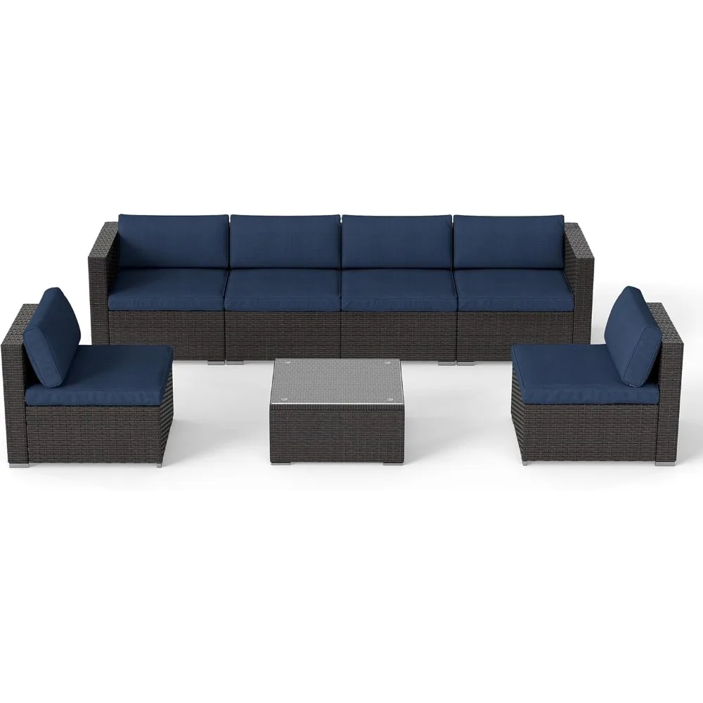 Blue PE Wicker Outdoor Furniture Set with Washable Cushions & Glass Coffee，7pcs Patio Conversation Set, Sectional Sofa Couch