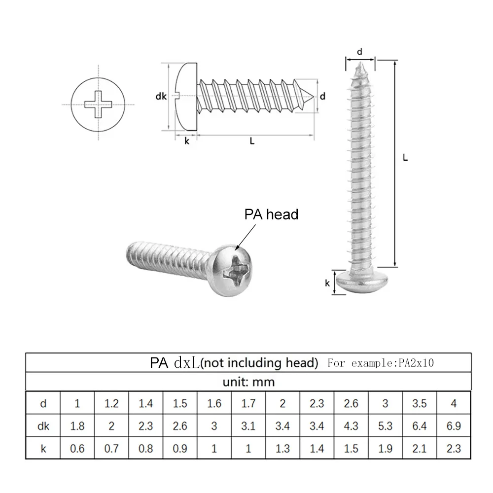 PA Self Tapping Screw 304 Stainless Steel Cross Recessed Round Head PA1 PA1.2 PA1.4 PA1.7 PA2 PA2.3 PA2.6 PA3 PA3.5 PA4