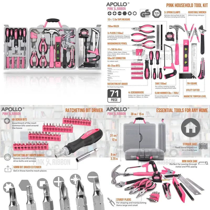 【CHIMU HOME】 71-Piece Pink Portable Hand Tool Kit with Carbon Steel Tools for Home Repair and DIY Projects