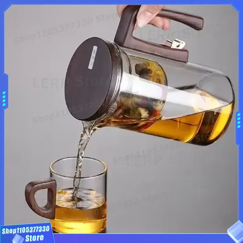 High Borosilicate Glass Teapot With Wooden Handle Heat Resistant Water Separation Coffee Tea Fruit Infusion Tank Set For Home