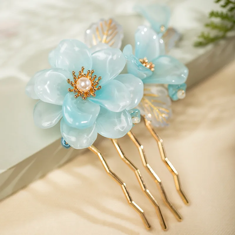 Fairy Blue Flower Hairpin Chinese Hanfu Hair Accessories Peony Pearl Side Clip Vintage Wedding Hair Comb Simple Headwear Jewelry