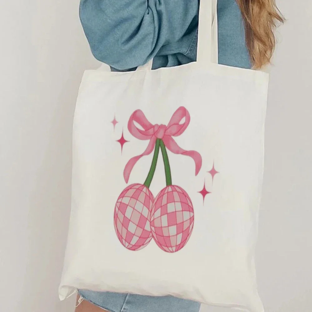 1pc Disco Ball Cherry Canvas Tote Bag Large Capacity Shoulder Bag with Sparkly Cherry Bow Design Daily Use Handbag for Daily use