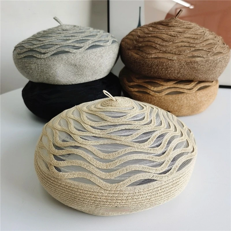 Spring Summer Elegant Straw Beret Women Breathable Lace mesh Berets Female Painter Cap Sun Hat