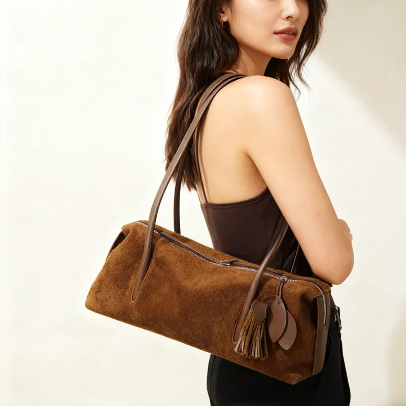 

2025 Autumn Winter Suede Leather Bag Minimalist Unique Single Shoulder Bag Slouchy Casual Underarm Tote High Quality Handbag