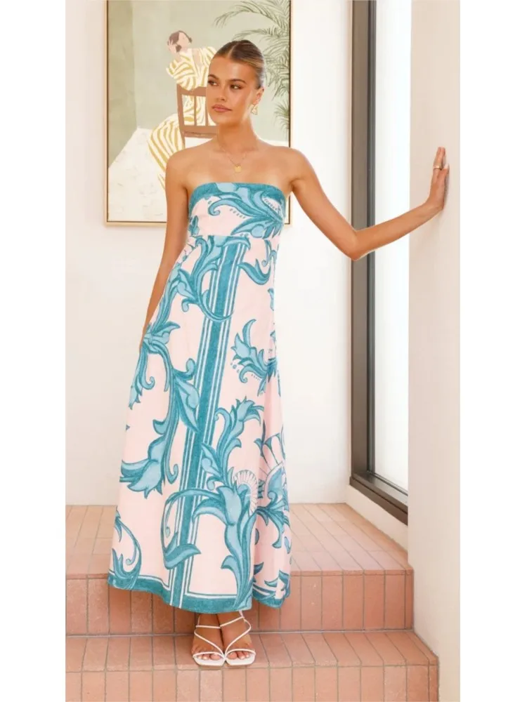 

Women Summer A-line Long Dress 2025 New Fashion Slim Temperament Printed Strapless Floral Chest Wrap Lady Beach Vacation Dresses