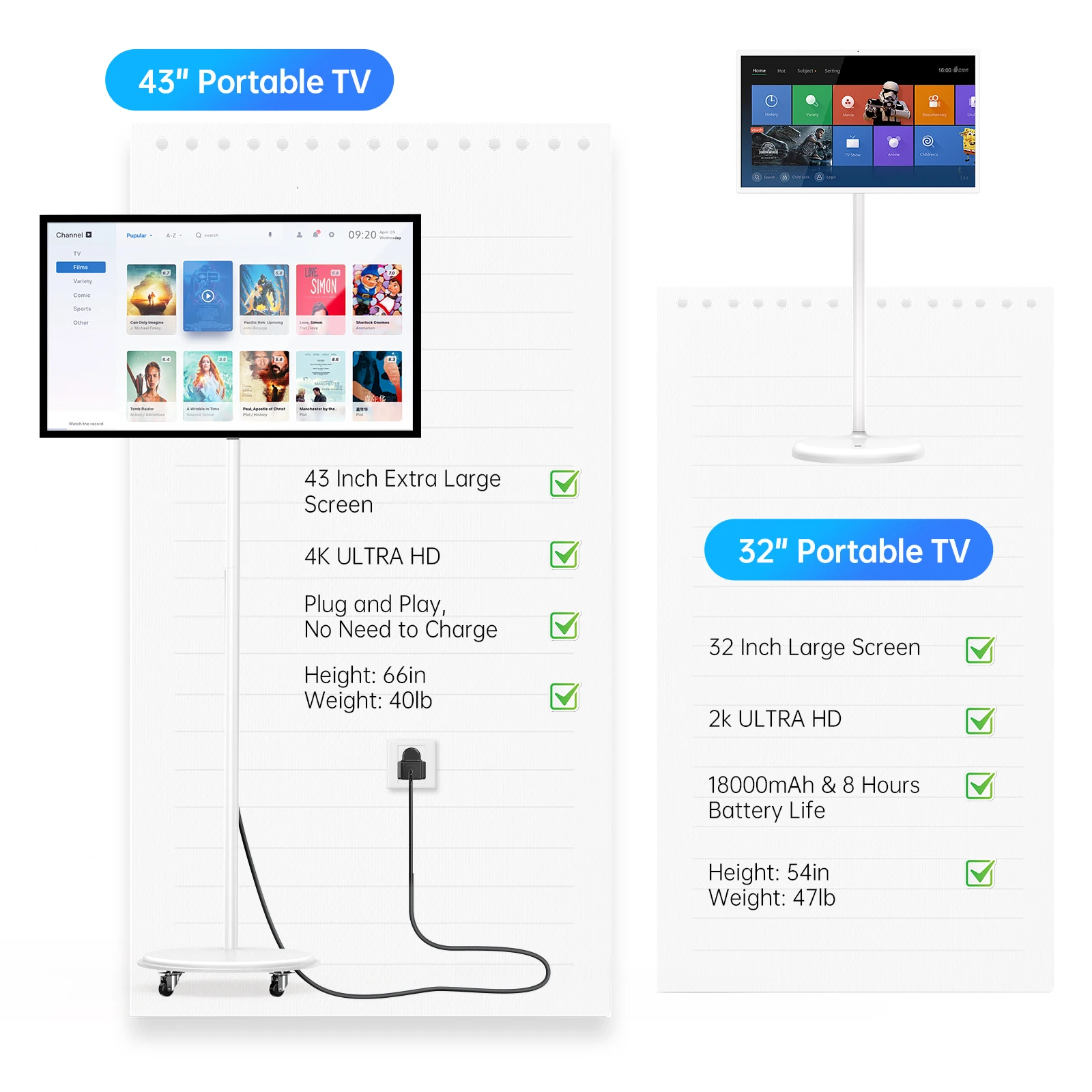 تلفزيون MWE 43/32 بوصة محمول يعمل باللمس، شاشة LCD قابلة للدوران 4K/2K (مع مصدر طاقة عبر كابل)، نظام التشغيل Android Type-C/USB/HDMI