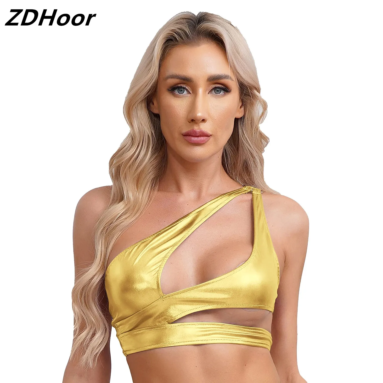 

Womens Metallic Shiny Vest One Shoulder Crop Top Sleeveless Cutout O-ring Bodycon Tank Top for Disco Club Dancing Party