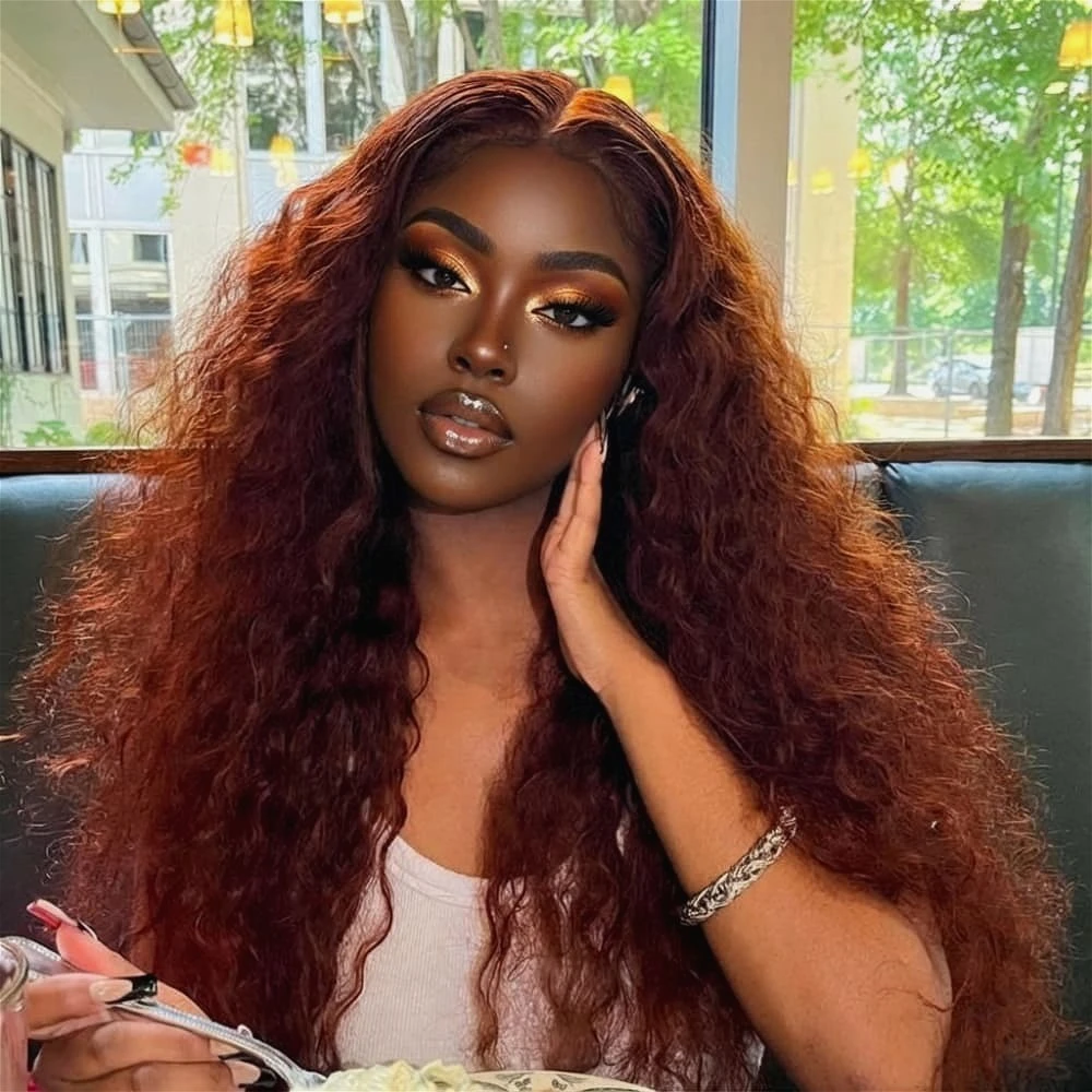 

Красно-коричневые кудрявые синтетические парики с кружевной передней частью 13x4 HD для музыкальных фестивалей, танцевальных вечеринок, уличного стиля и K-Pop