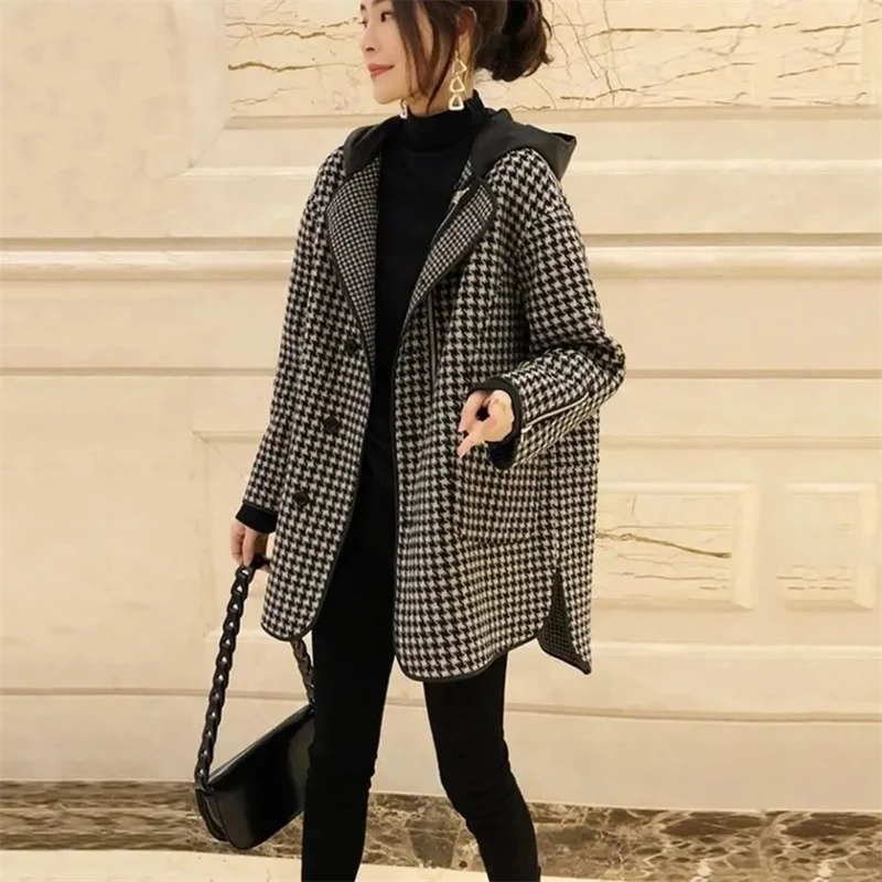 2023 Spring Autumn New Korean Hooded Thousand Bird Plaid Woolen Coat Mid length Loose Fashion Slim Woolen Coat Commuter Plaid